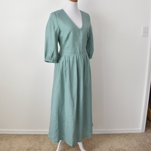 Linen Handmade Studio Open Back Madeleine Midi Dress Teal - 6 - Picture 9 of 11